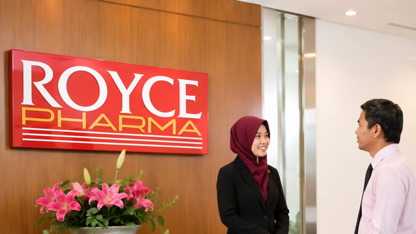A Royce Pharma team member speaking with a visitor at reception